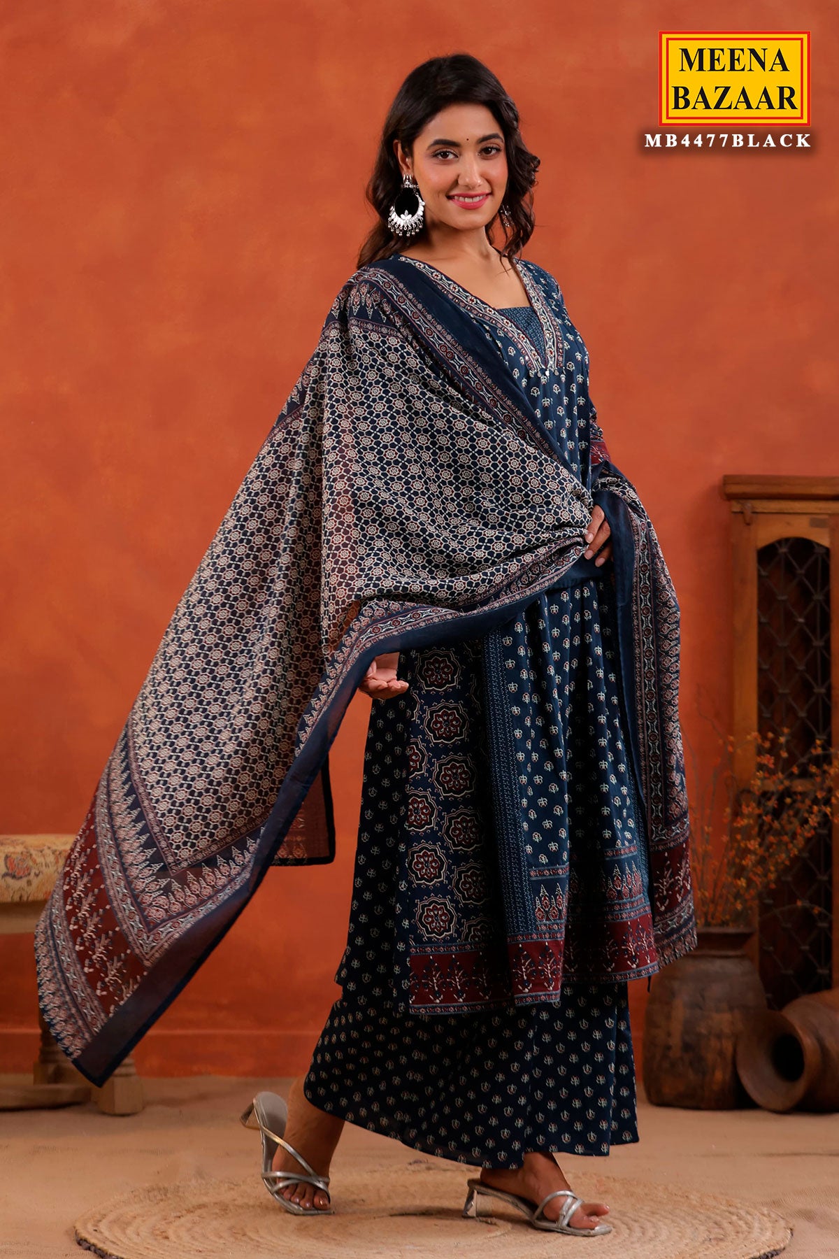 Black Block Printed Bohemian Cotton Ready Made Suit