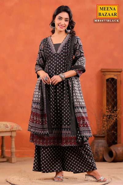 Black Block Printed Bohemian Cotton Ready Made Suit