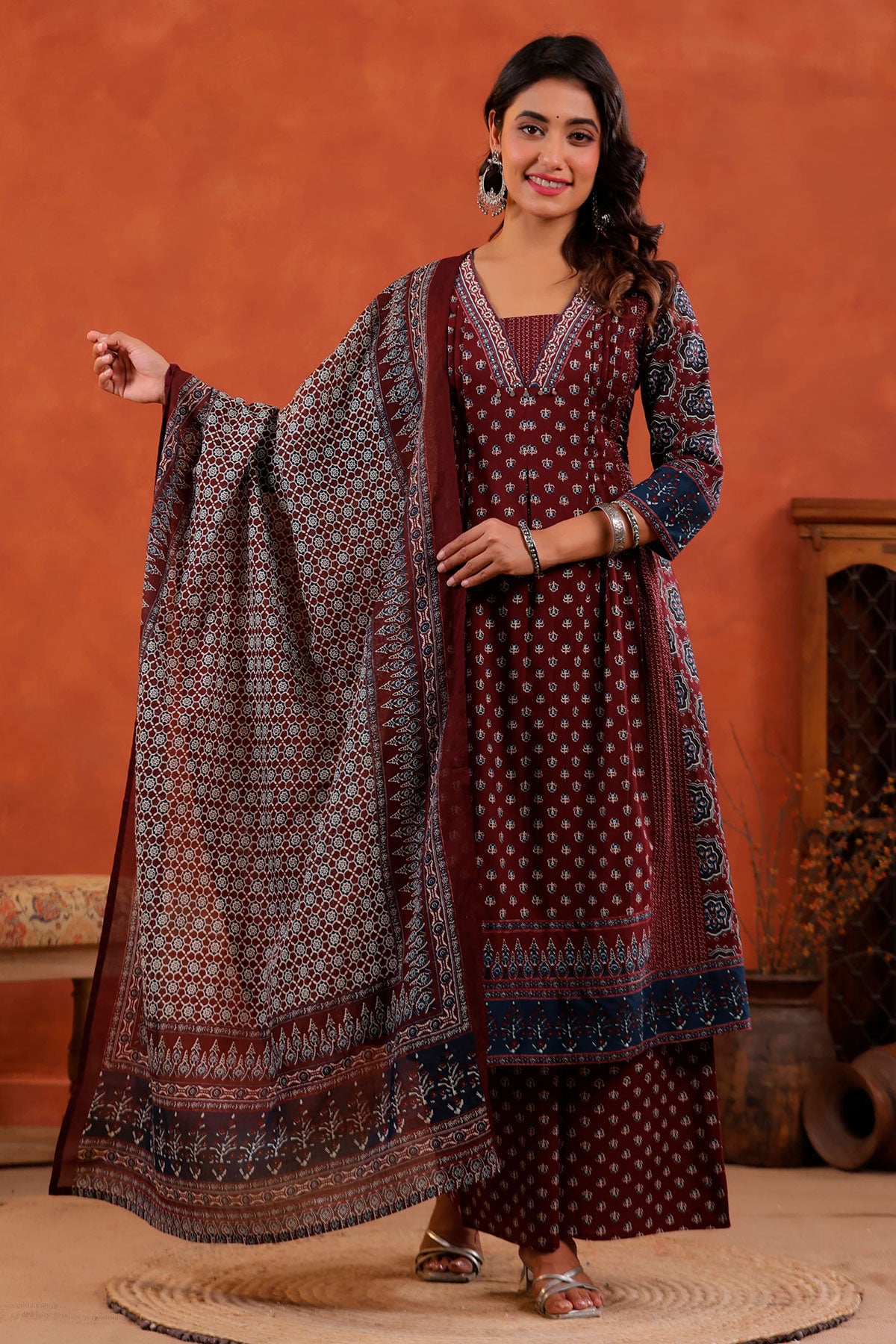 Wine Block Printed Bohemian Cotton Kurti Palazzo Set