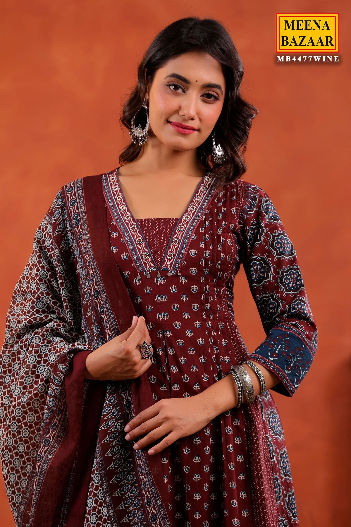 Wine Block Printed Bohemian Cotton Kurti Palazzo Set