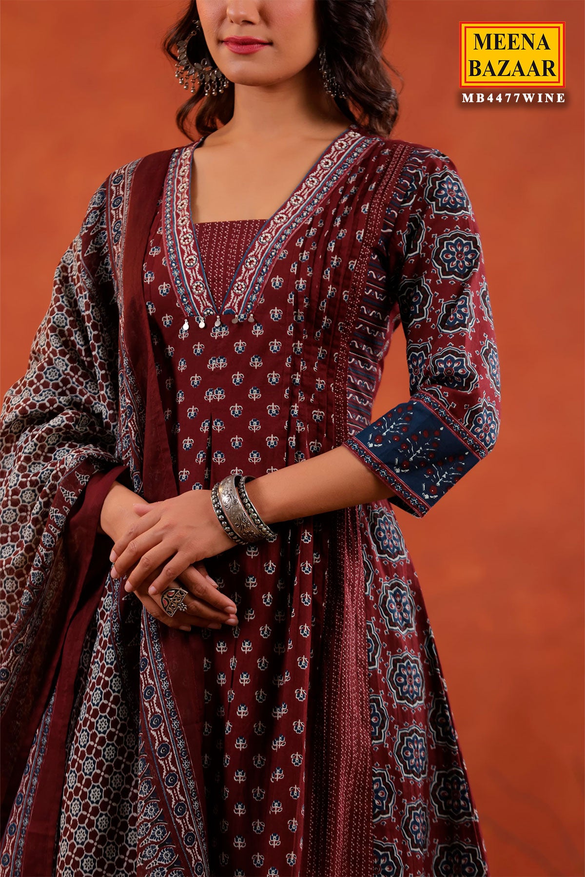Wine Block Printed Bohemian Cotton Kurti Palazzo Set