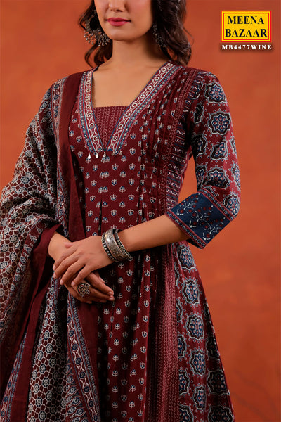 Wine Block Printed Bohemian Cotton Kurti Palazzo Set