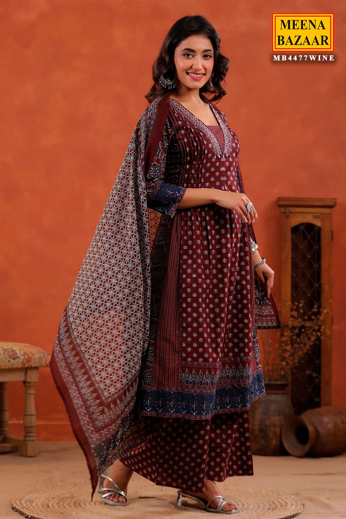 Wine Block Printed Bohemian Cotton Kurti Palazzo Set