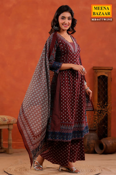 Wine Block Printed Bohemian Cotton Kurti Palazzo Set