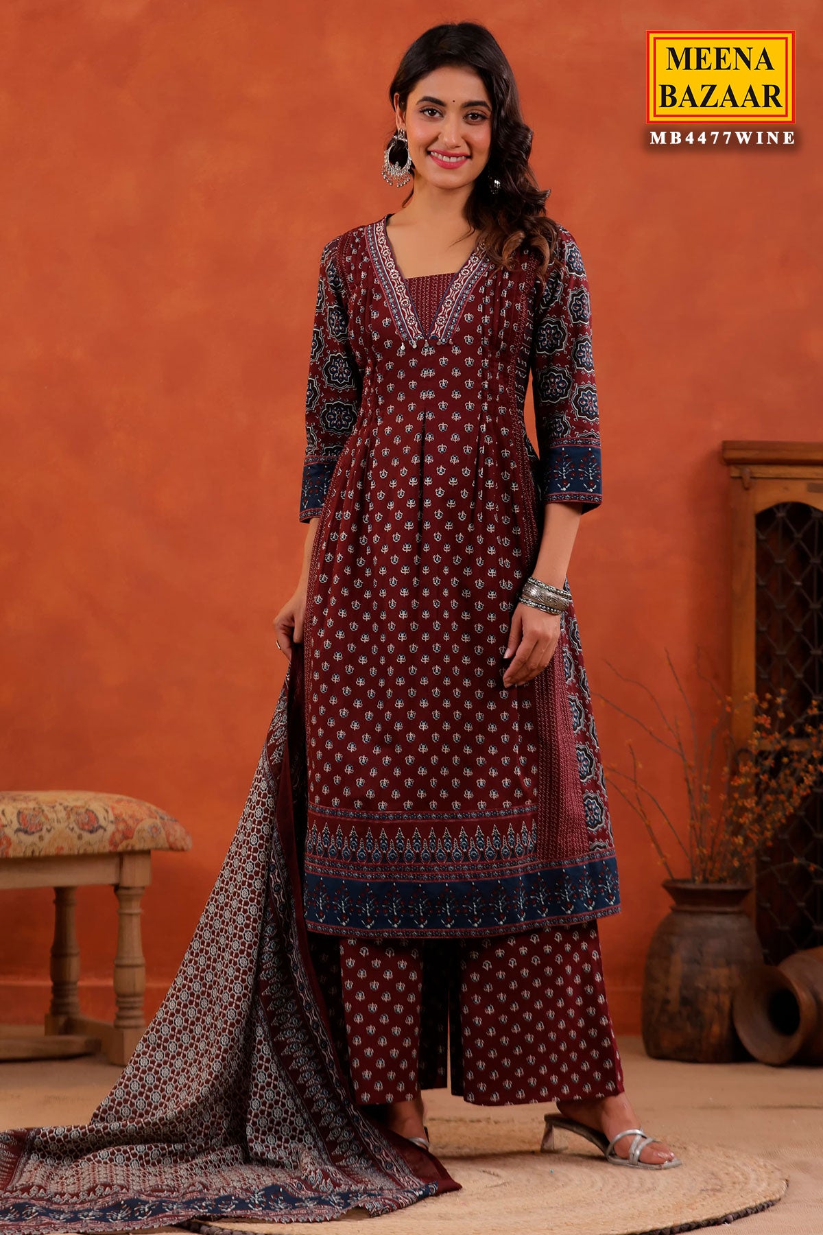 Wine Block Printed Bohemian Cotton Kurti Palazzo Set