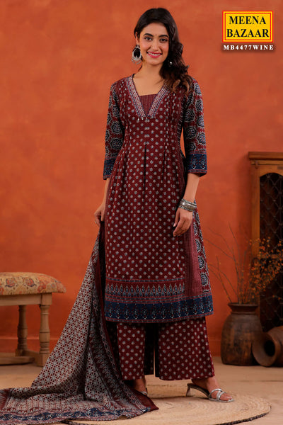 Wine Block Printed Bohemian Cotton Kurti Palazzo Set