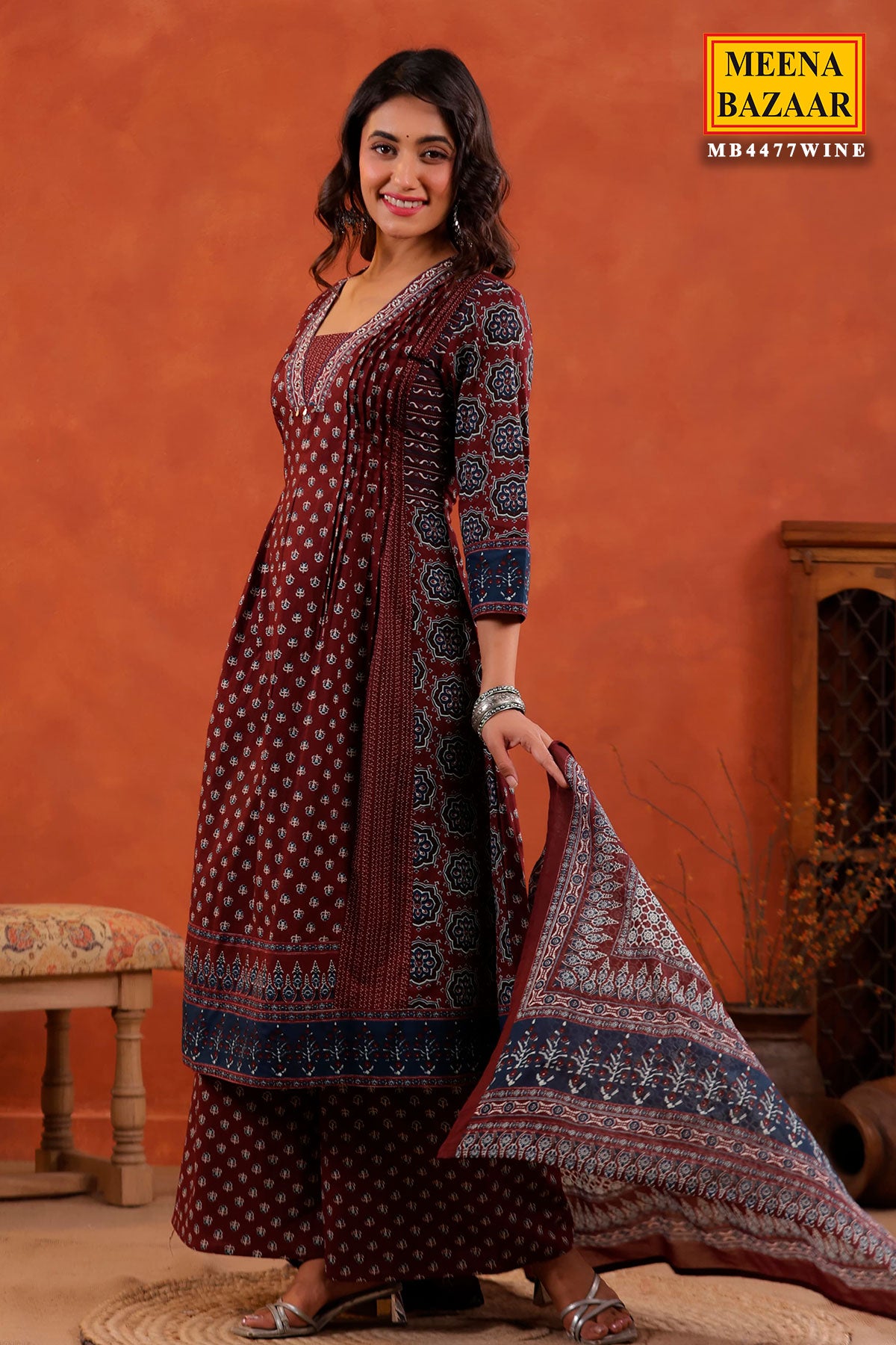 Wine Block Printed Bohemian Cotton Kurti Palazzo Set