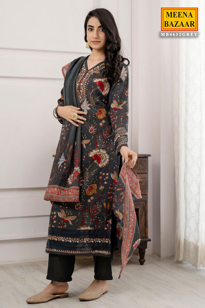 Grey Muslin Floral Printed Floral Threadwork Embroidered Suit