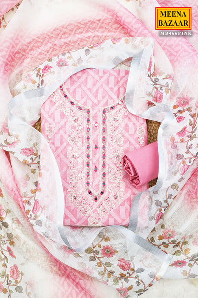 Pink Cotton Thread & Mirror Work Embroidered Printed Suit Set