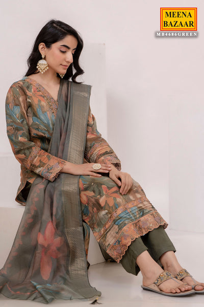 Green Muslin Floral Printed Threadwork and Sequins Embroidered Suit