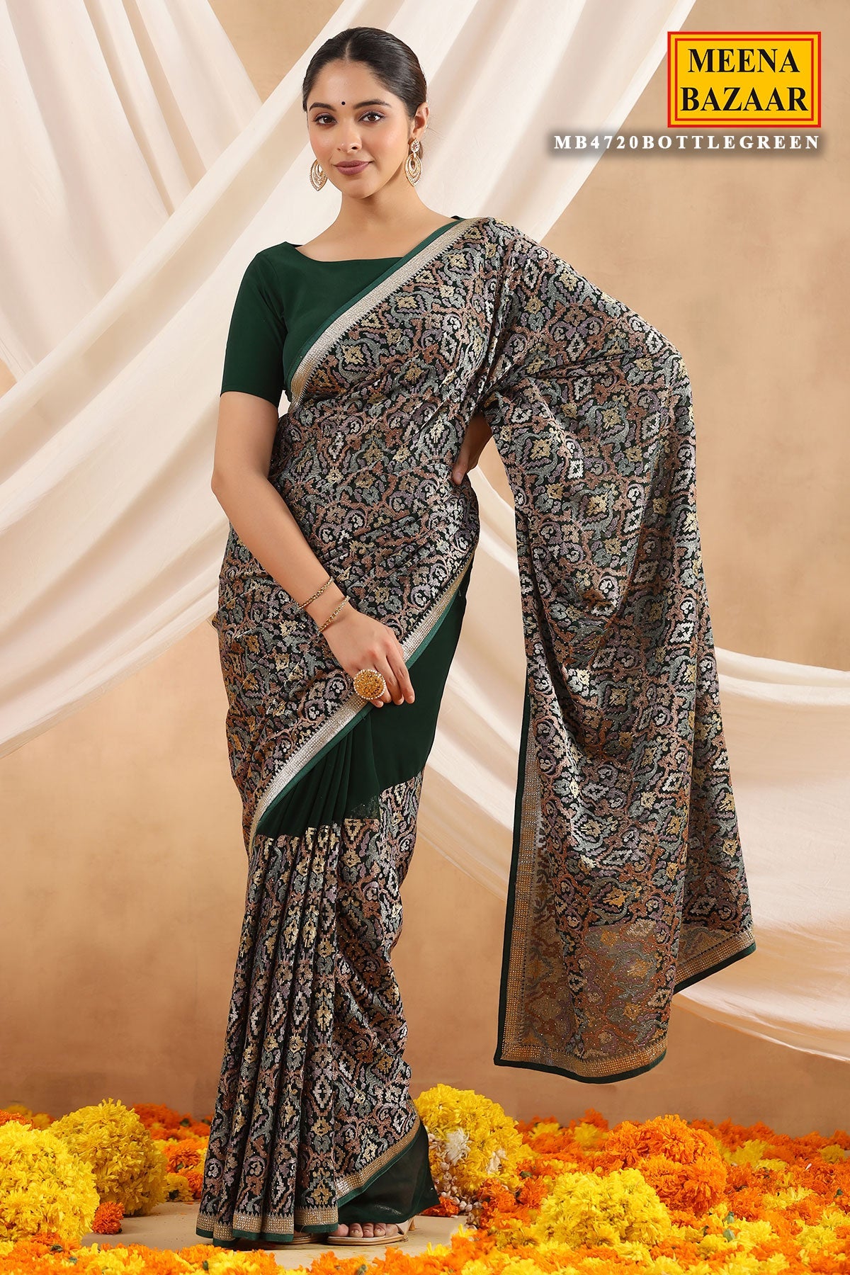 Bottle Green Georgette Embroidered Saree