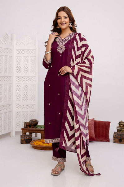 Wine Rayon Suit Set with  Embroidered Neck