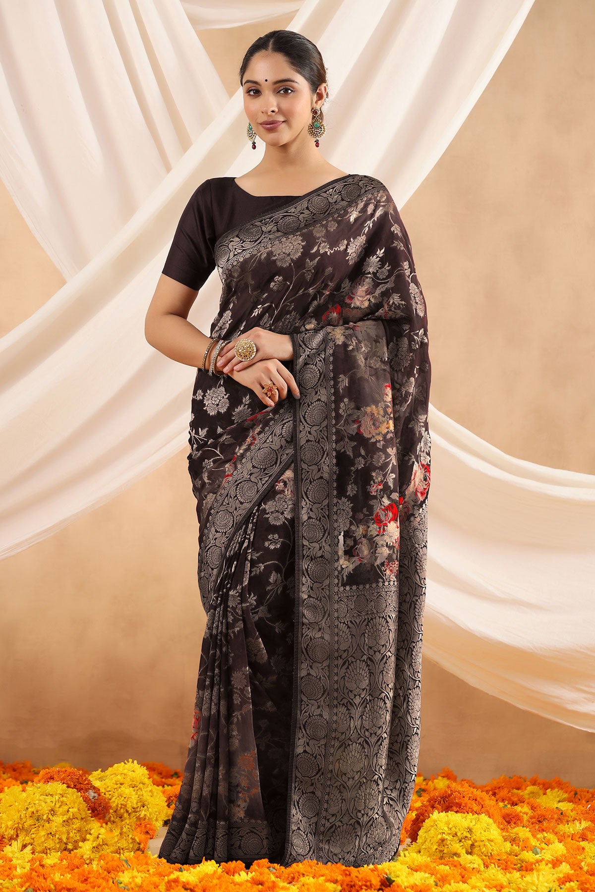 Dark Grey Georgette Floral Printed Floral Zari Woven Saree