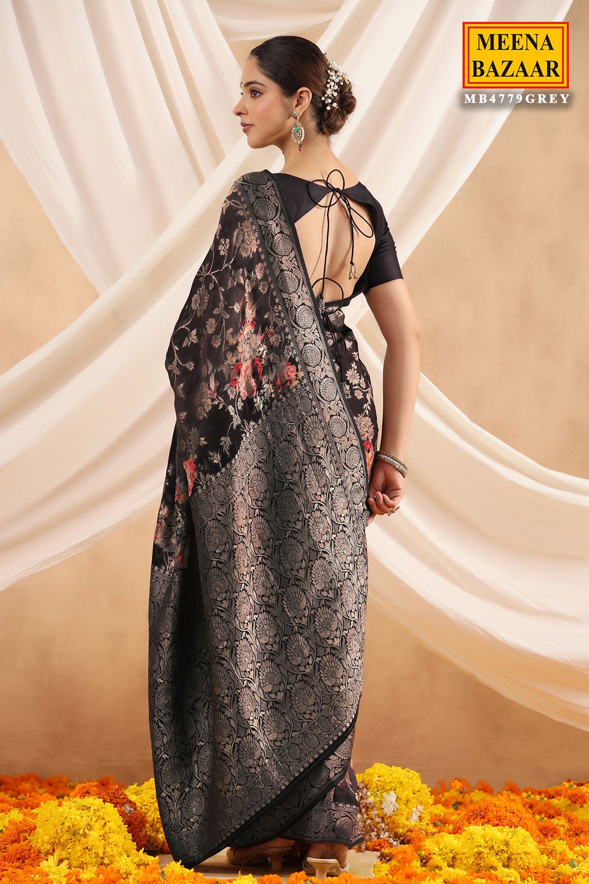 Dark Grey Georgette Floral Printed Floral Zari Woven Saree