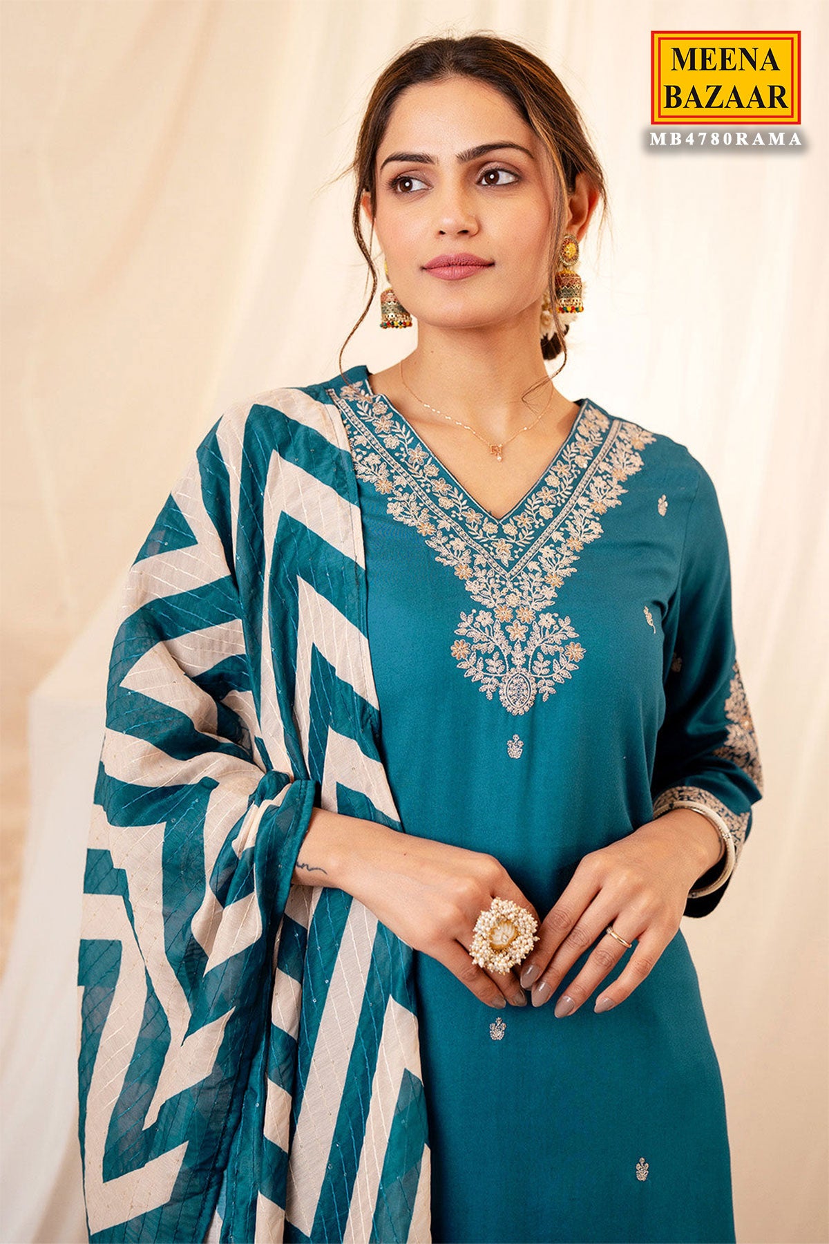 Blue Rayon Suit Set with  Embroidered Neck