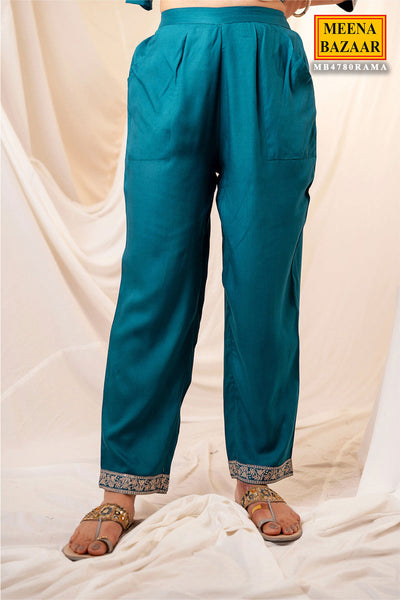 Blue Rayon Suit Set with  Embroidered Neck