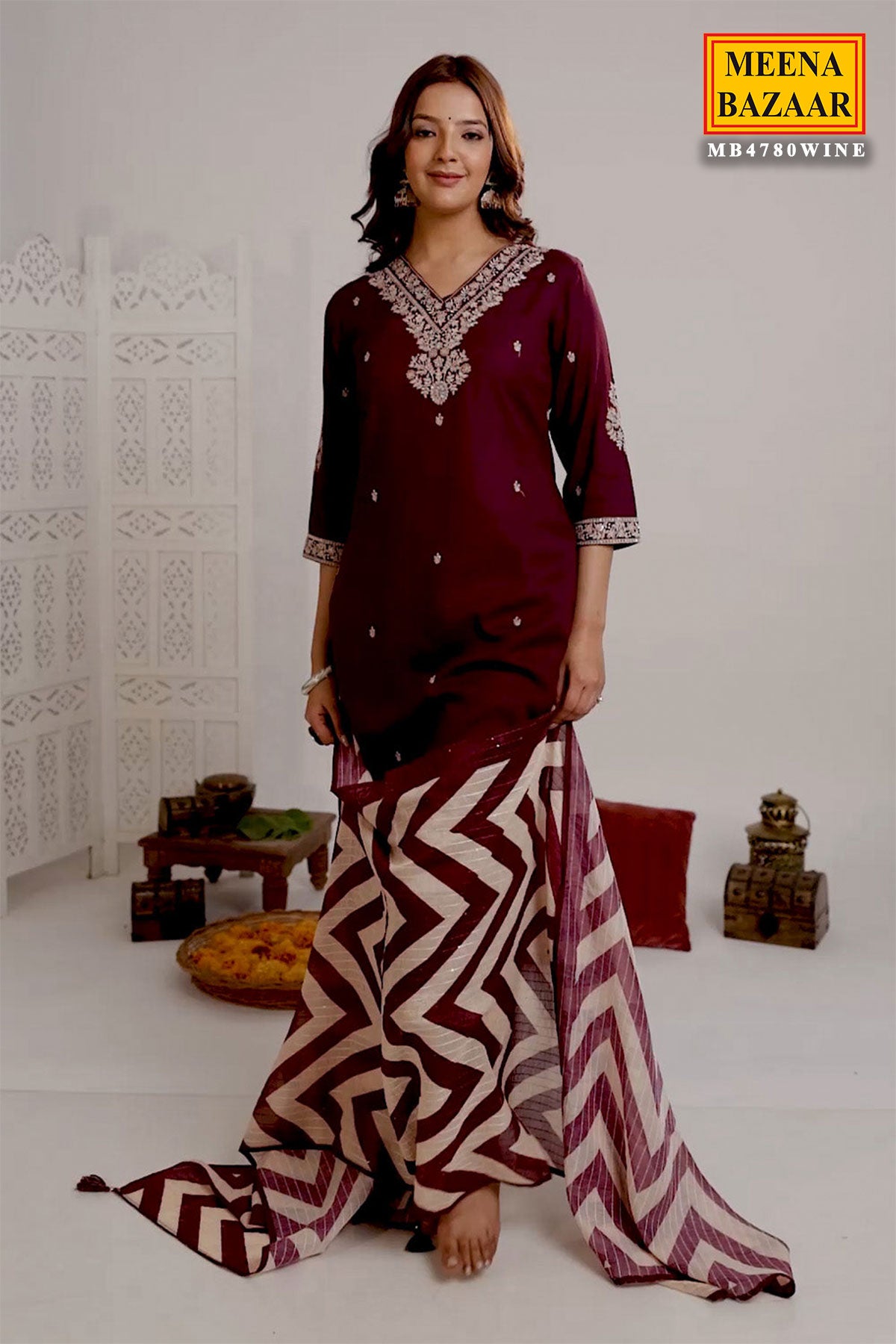 Wine Rayon Suit Set with  Embroidered Neck