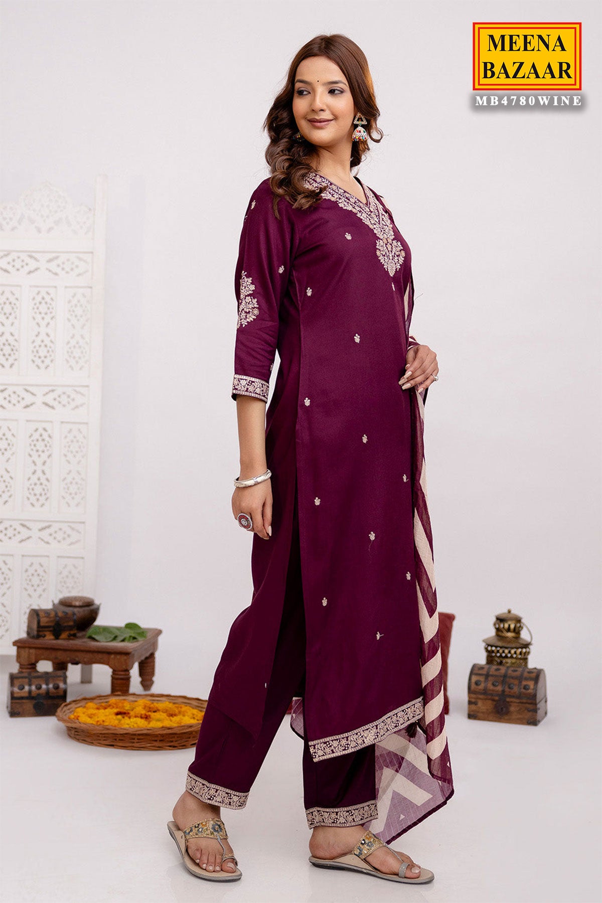 Wine Rayon Suit Set with  Embroidered Neck