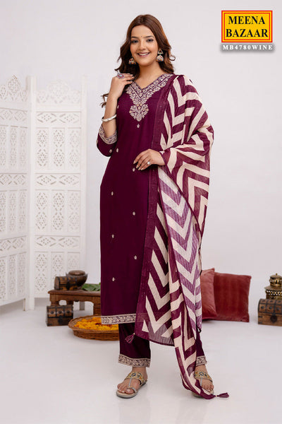 Wine Rayon Suit Set with  Embroidered Neck