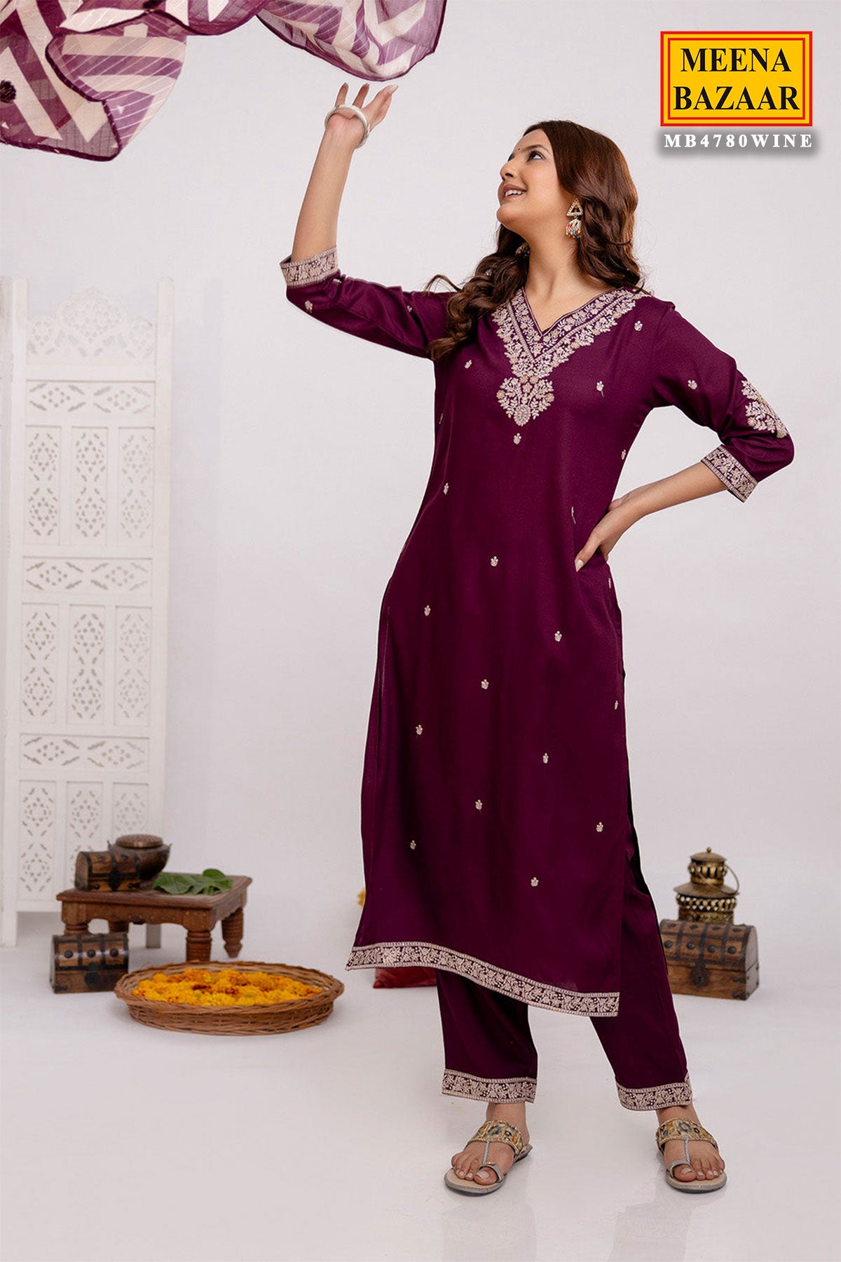 Wine Rayon Suit Set with  Embroidered Neck