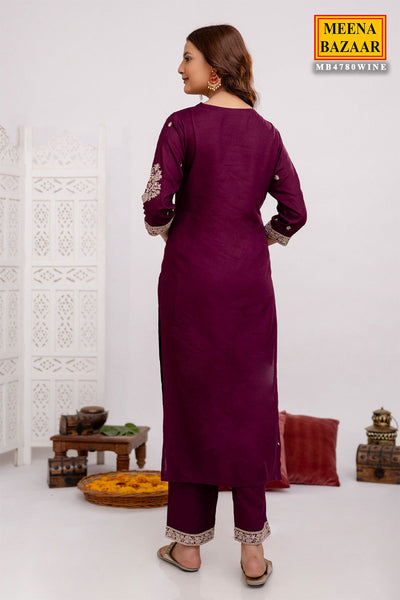 Wine Rayon Suit Set with  Embroidered Neck