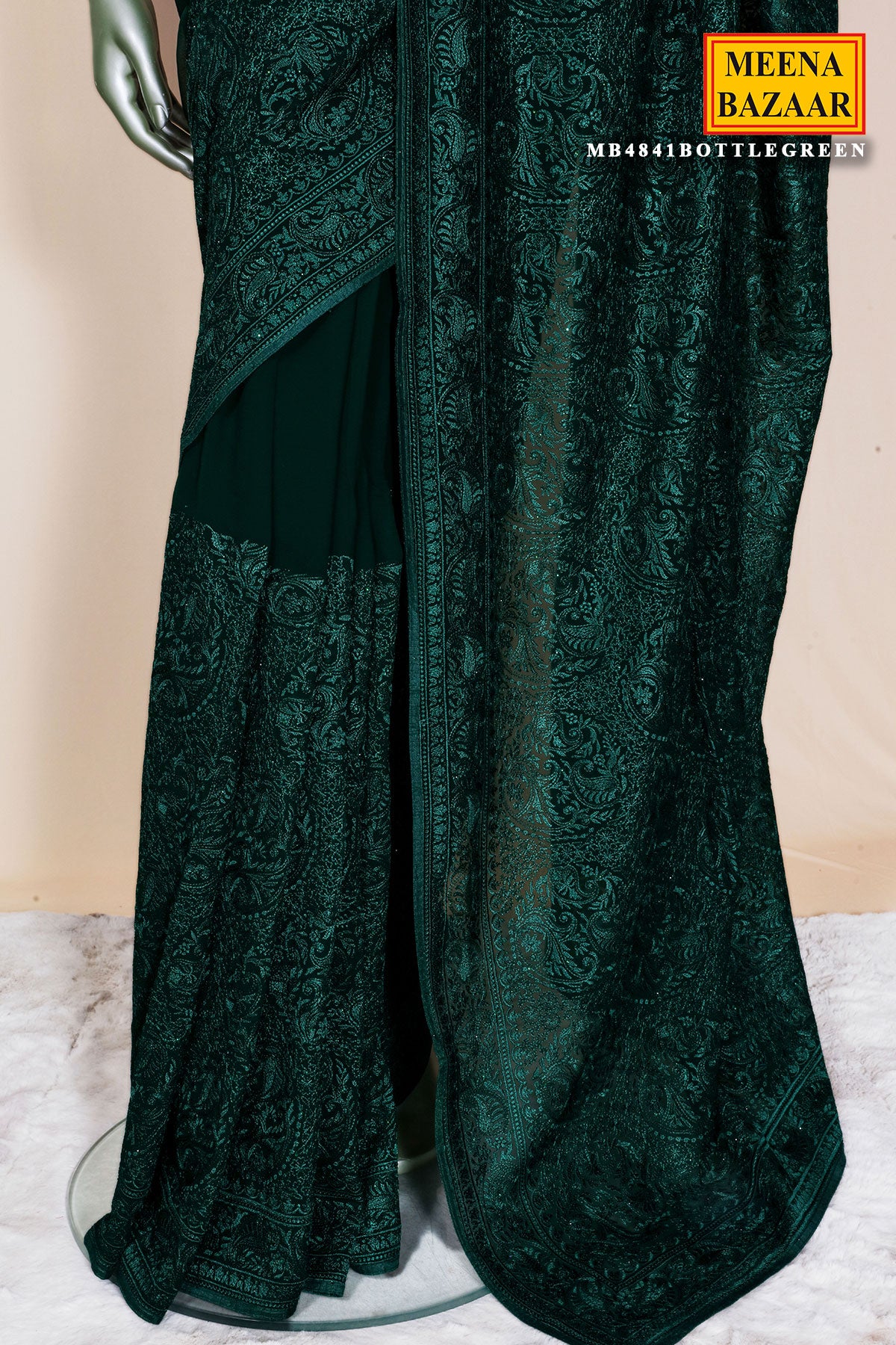 Bottle Green Embroidered Georgette Saree Elegant Party Wear Saree