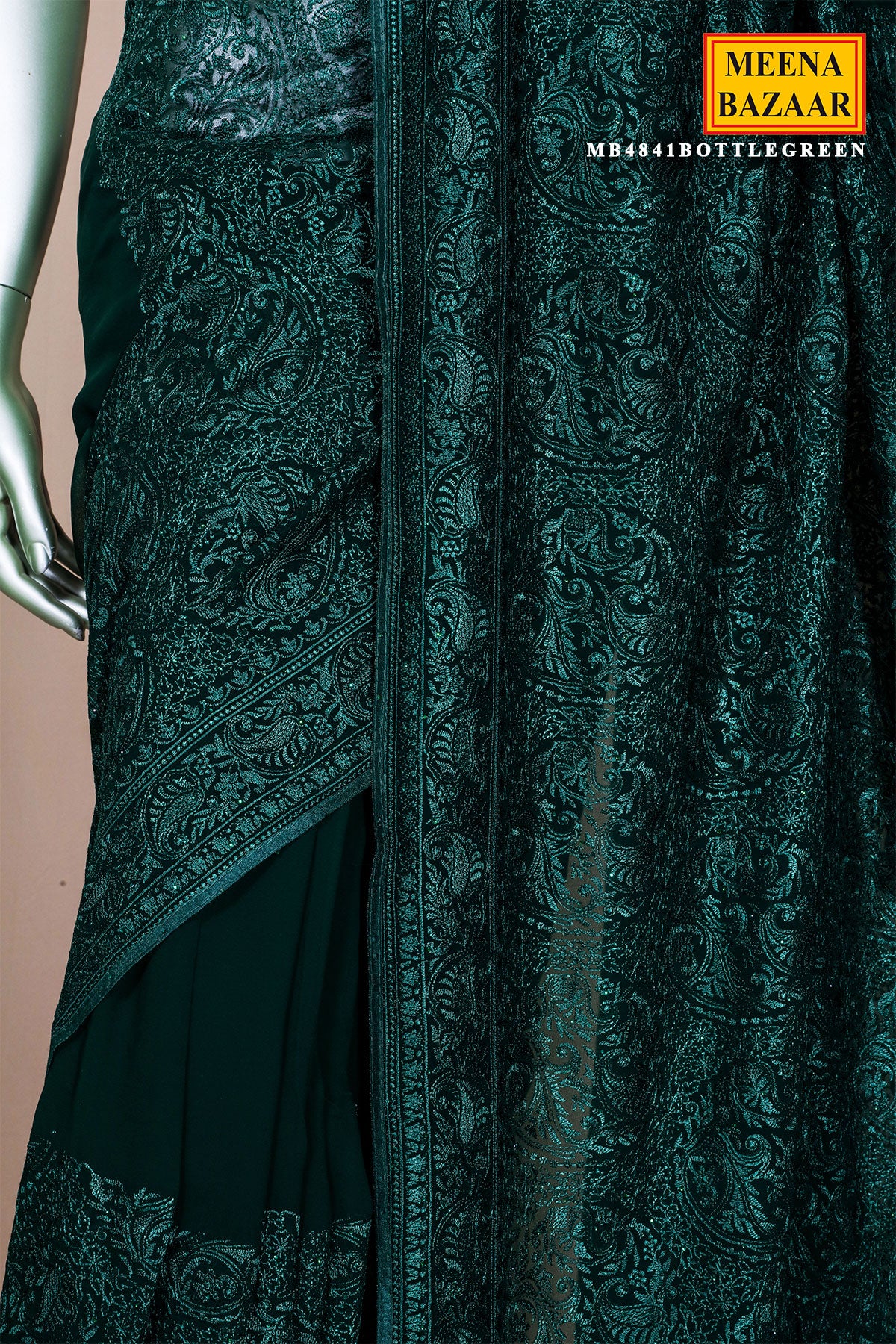 Bottle Green Embroidered Georgette Saree Elegant Party Wear Saree