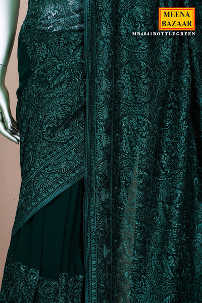 Bottle Green Embroidered Georgette Saree Elegant Party Wear Saree