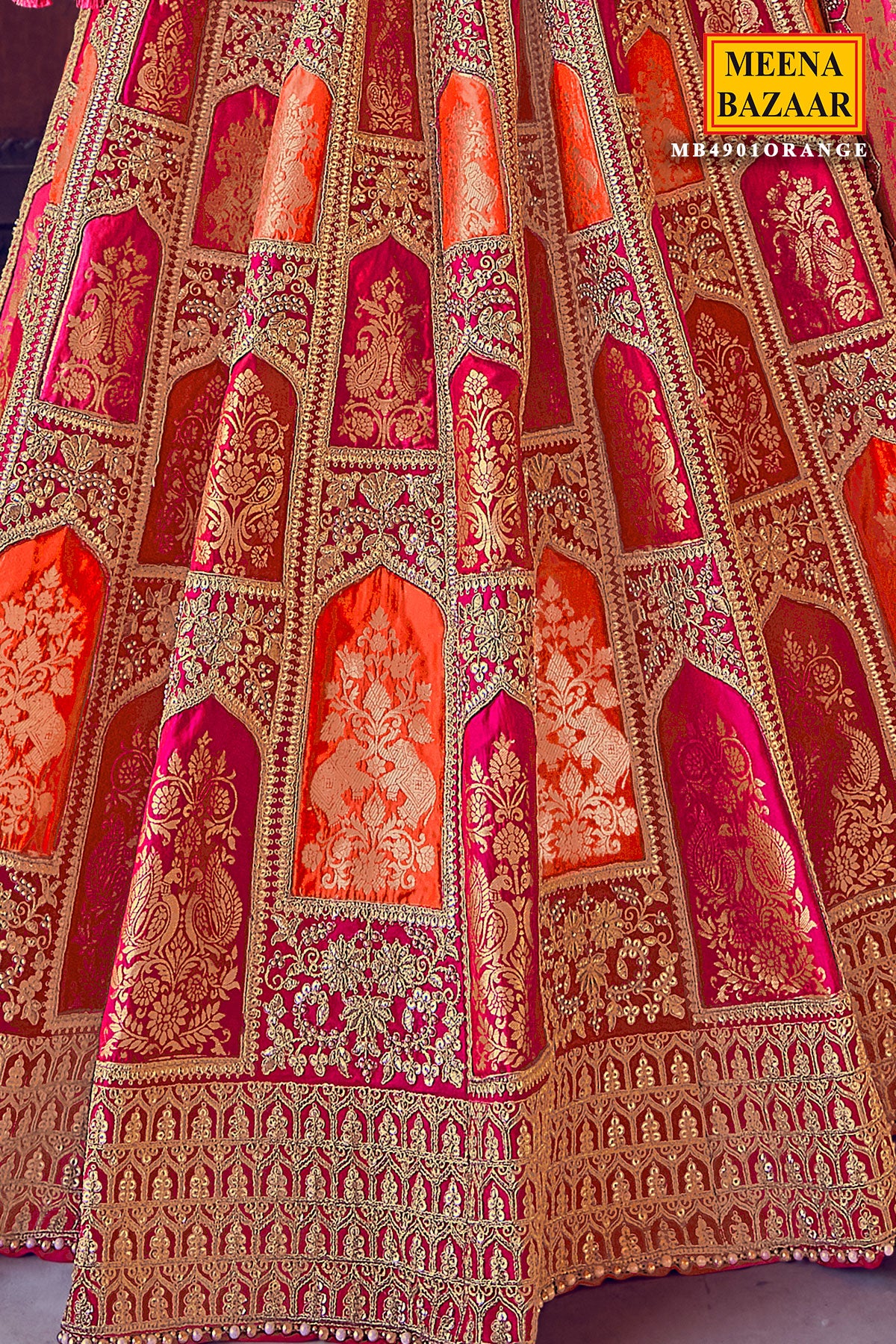 Rani and Orange Silk Brocade Zari Embroidered Lehenga Set