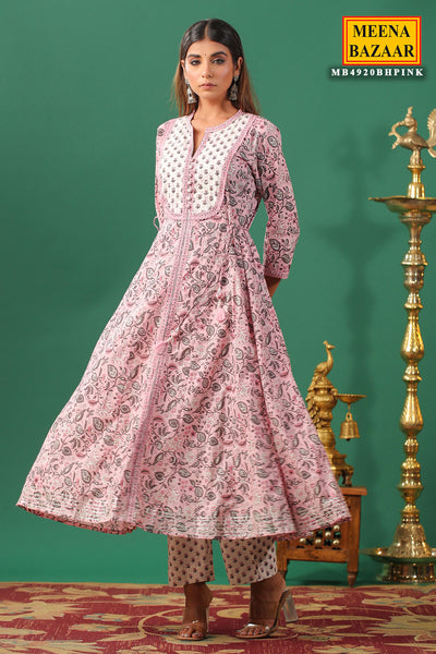 Pink Cotton Floral Printed Lace and Thread Embroidered Kurti Pant Set