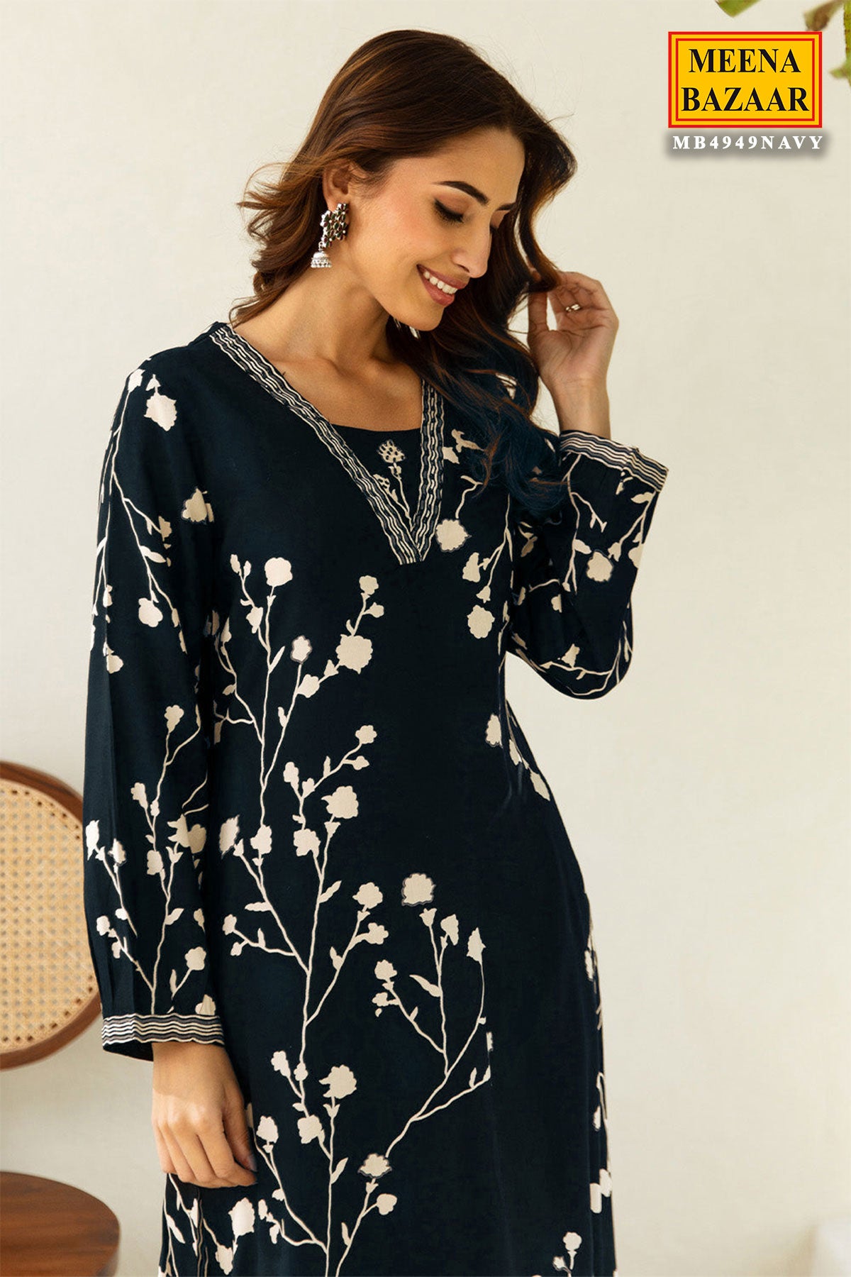 Navy Rayon Floral Printed Kurti With Palazzo Set