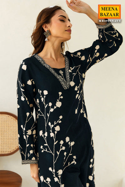 Navy Rayon Floral Printed Kurti With Palazzo Set