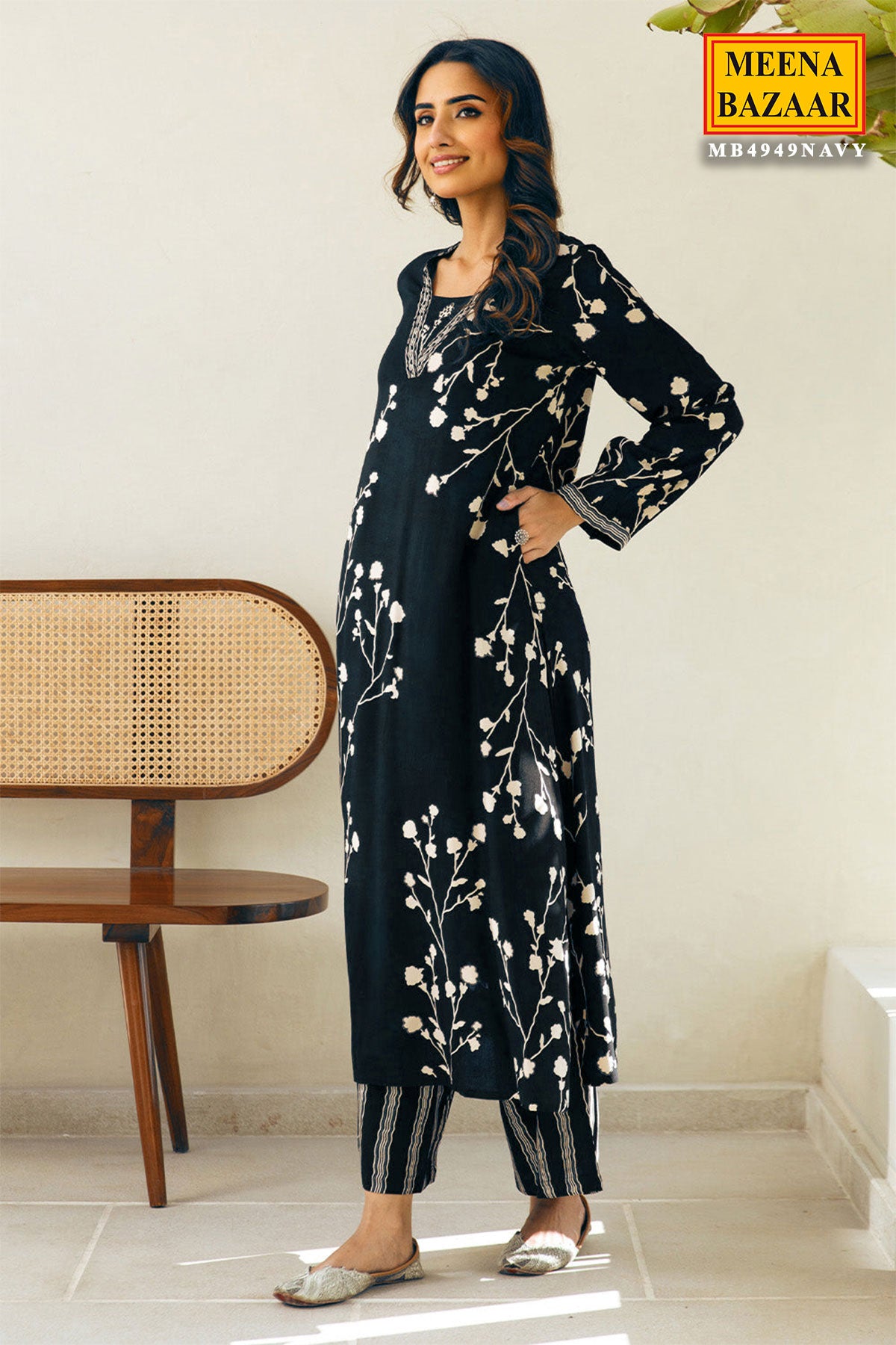 Navy Rayon Floral Printed Kurti With Palazzo Set