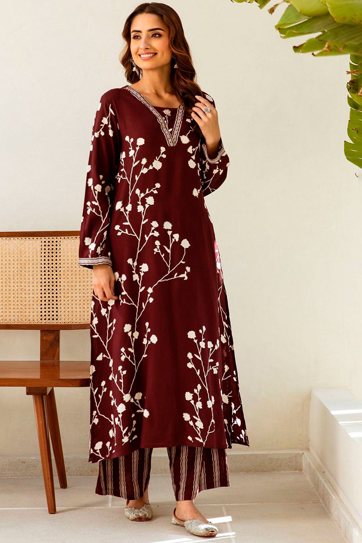 Wine Rayon Floral Printed Kurti With Palazzo Set