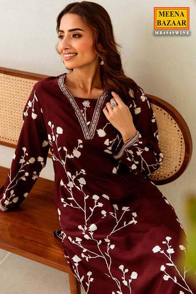 Wine Rayon Floral Printed Kurti With Palazzo Set