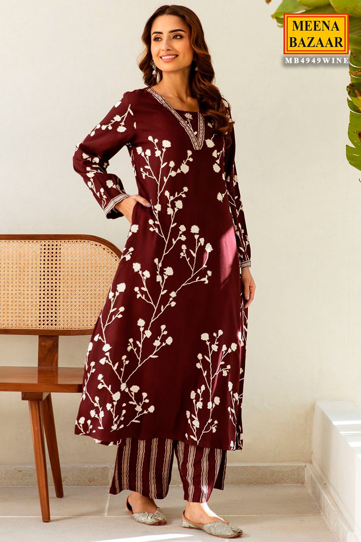 Wine Rayon Floral Printed Kurti With Palazzo Set