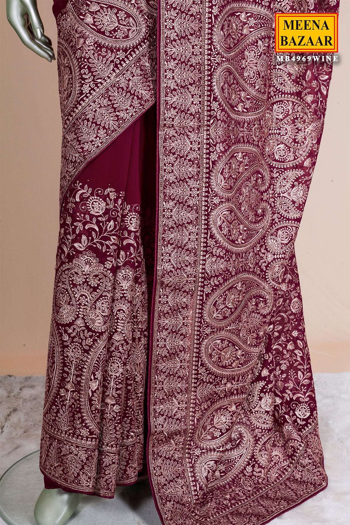 Wine Embroidered Georgette Saree Elegant Party Wear Saree
