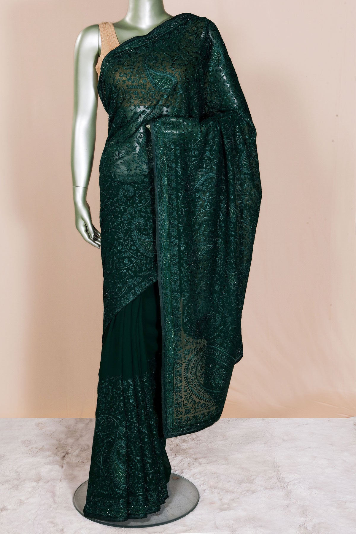Bottle Green Embroidered Georgette Saree Designer Party Wear Saree
