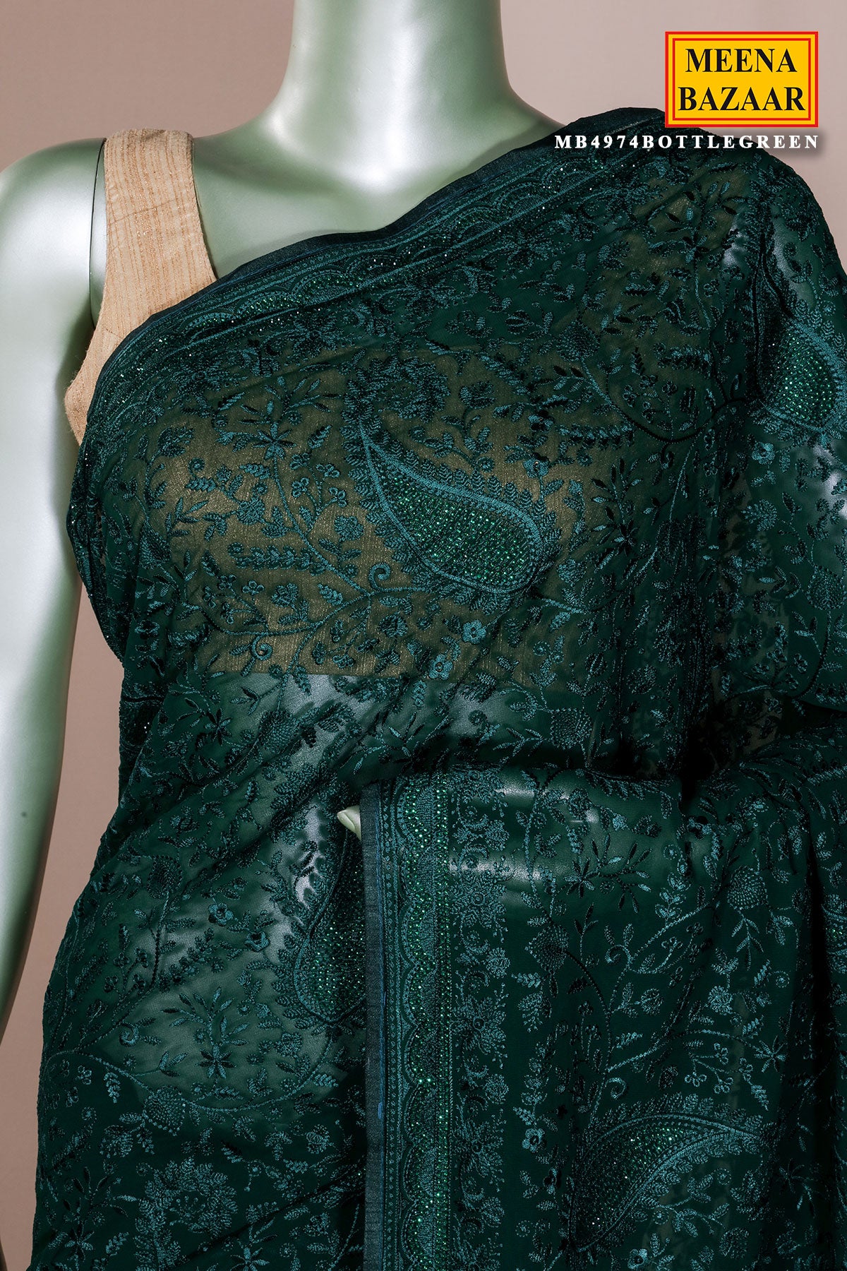 Bottle Green Embroidered Georgette Saree Designer Party Wear Saree