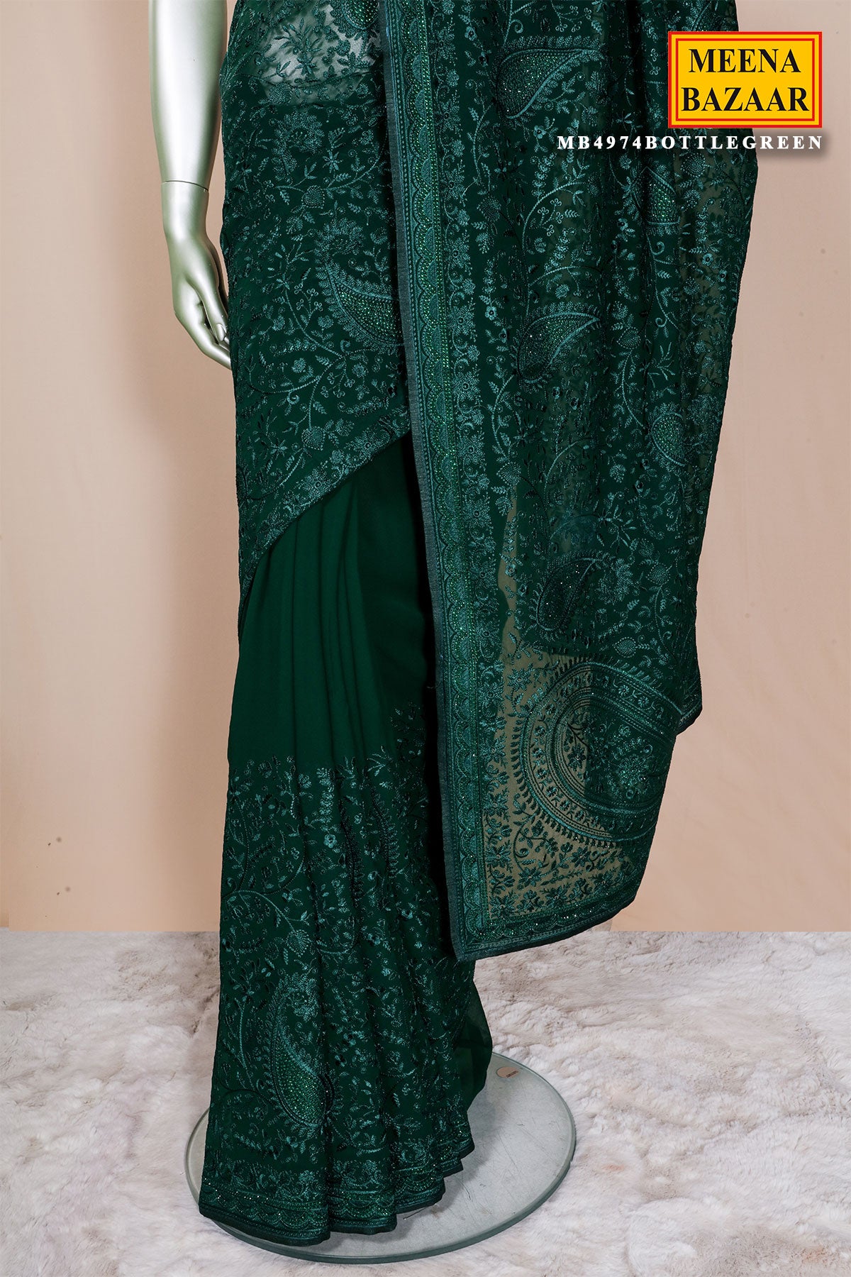 Bottle Green Embroidered Georgette Saree Designer Party Wear Saree