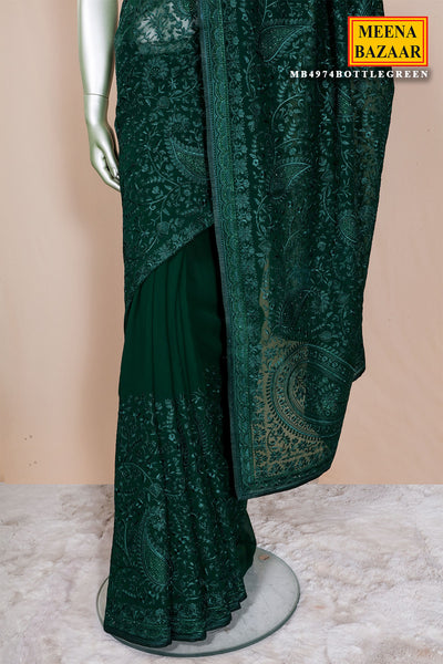 Bottle Green Embroidered Georgette Saree Designer Party Wear Saree