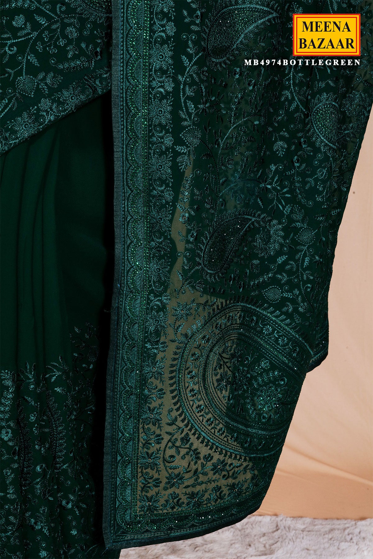 Bottle Green Embroidered Georgette Saree Designer Party Wear Saree