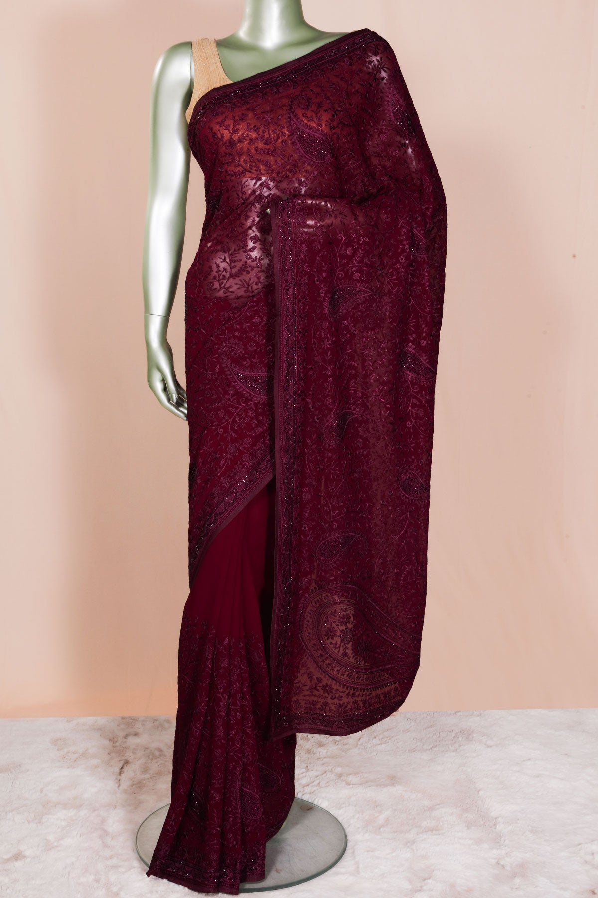 Wine Embroidered Georgette Saree Elegant Party Wear Saree