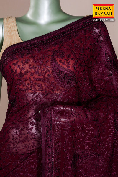 Wine Embroidered Georgette Saree Elegant Party Wear Saree