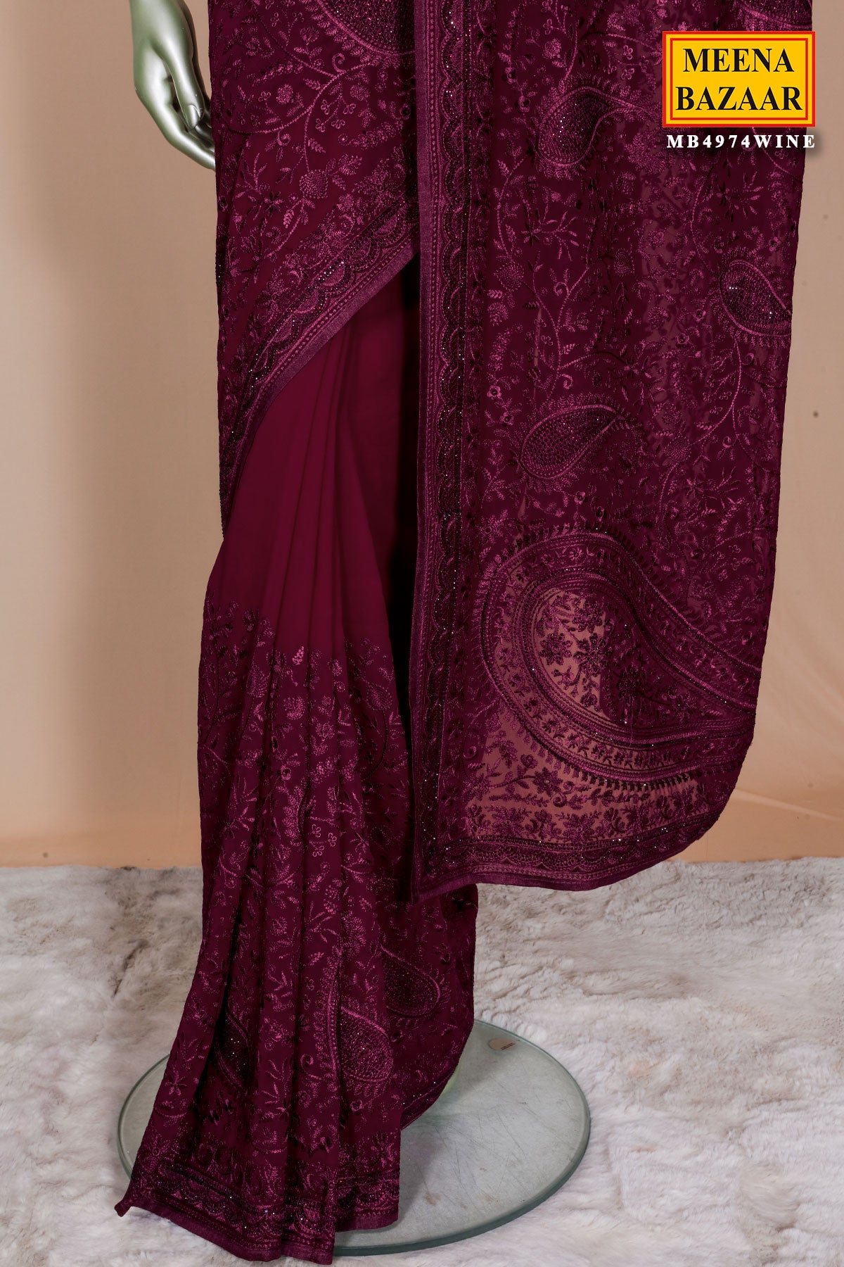 Wine Embroidered Georgette Saree Elegant Party Wear Saree