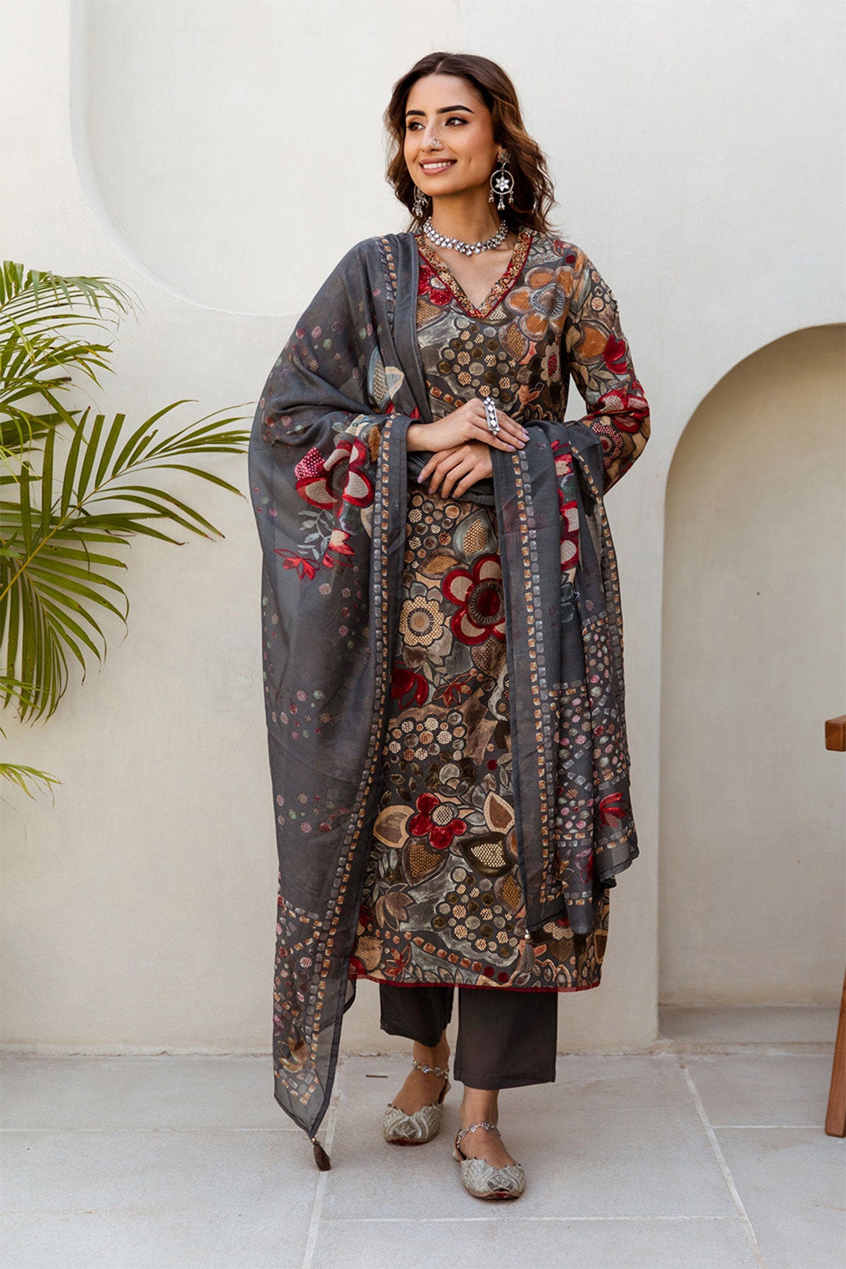 Grey Muslin Neck Embroidered Printed Suit