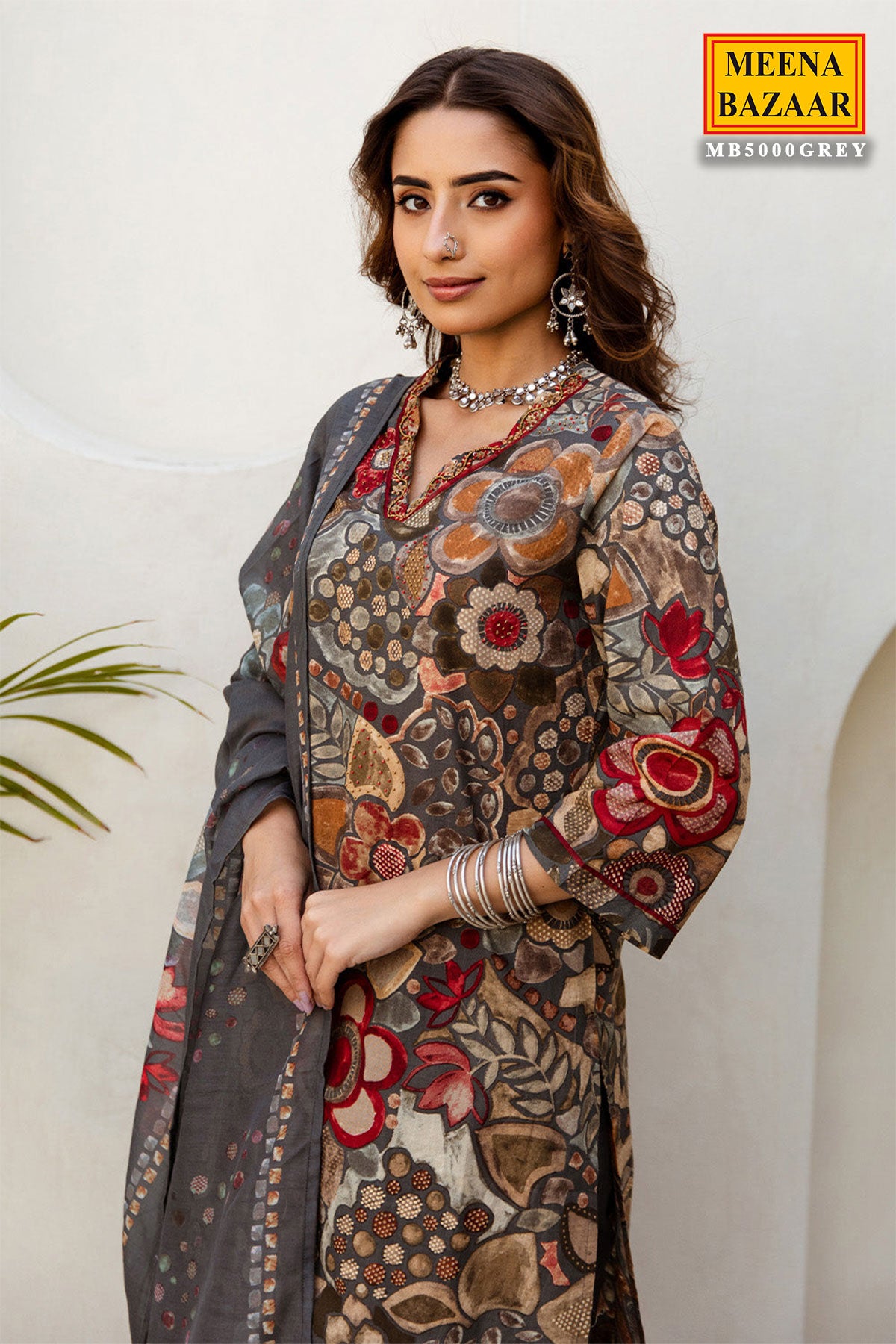 Grey Muslin Neck Embroidered Printed Suit