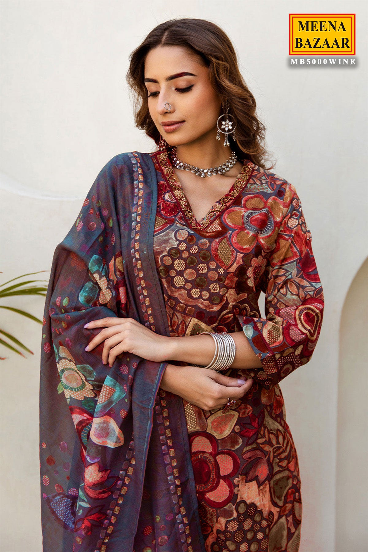 Wine Muslin Neck Embroidered Printed Suit
