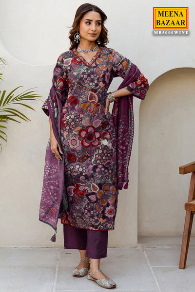 Wine Muslin Neck Embroidered Printed Suit