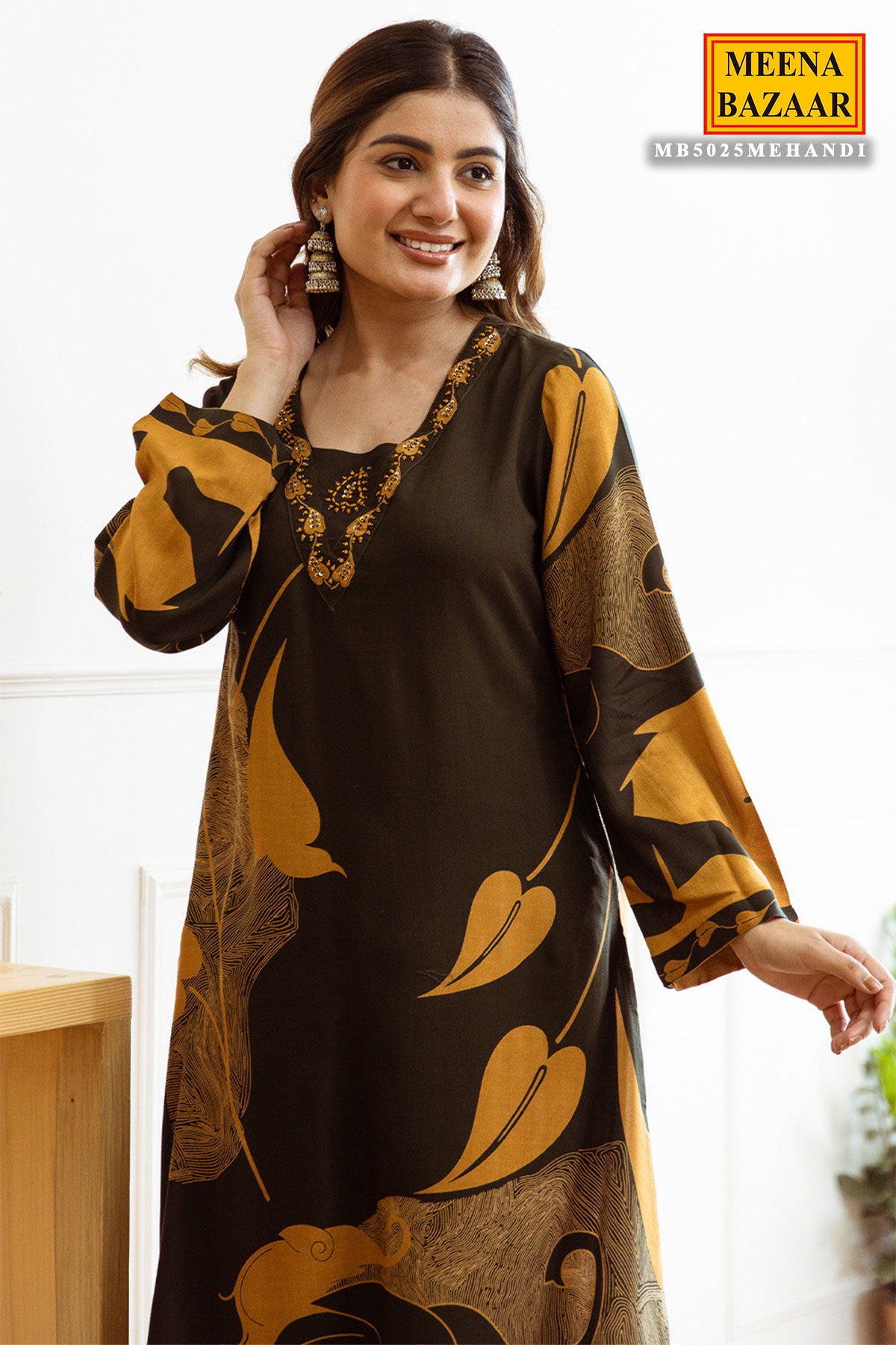 Mehandi Rayon Printed Kurti With Palazzo Set